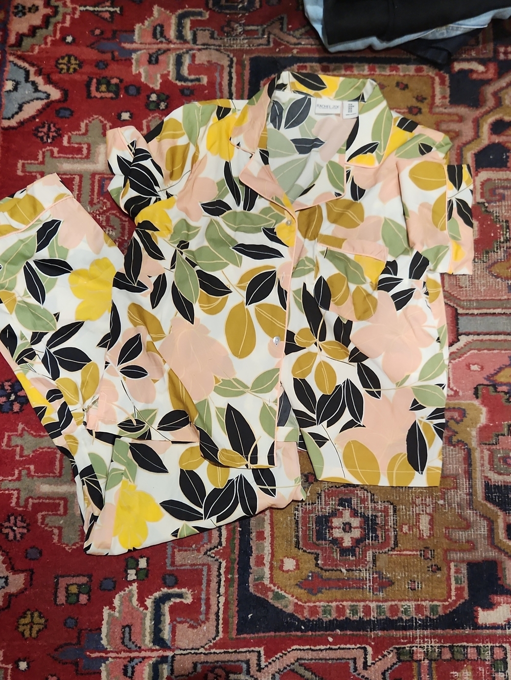 Rachel Zoe Leaf & Floral Print Pajama Set in Yellow, Green & Black